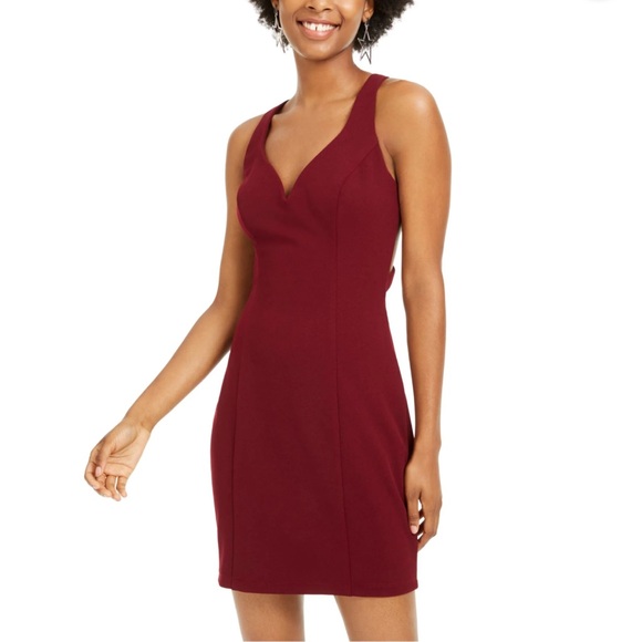 B DARLIN Womens Burgundy Zippered Sleeveless V Neck Short Cocktail Mini Dress - Picture 1 of 15